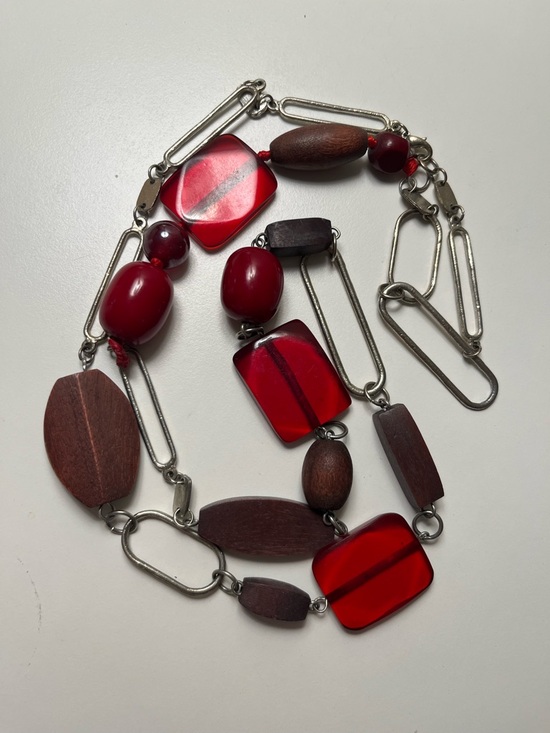 Jewelry - Red and Wood Bead Long Necklace - Women Jewelry